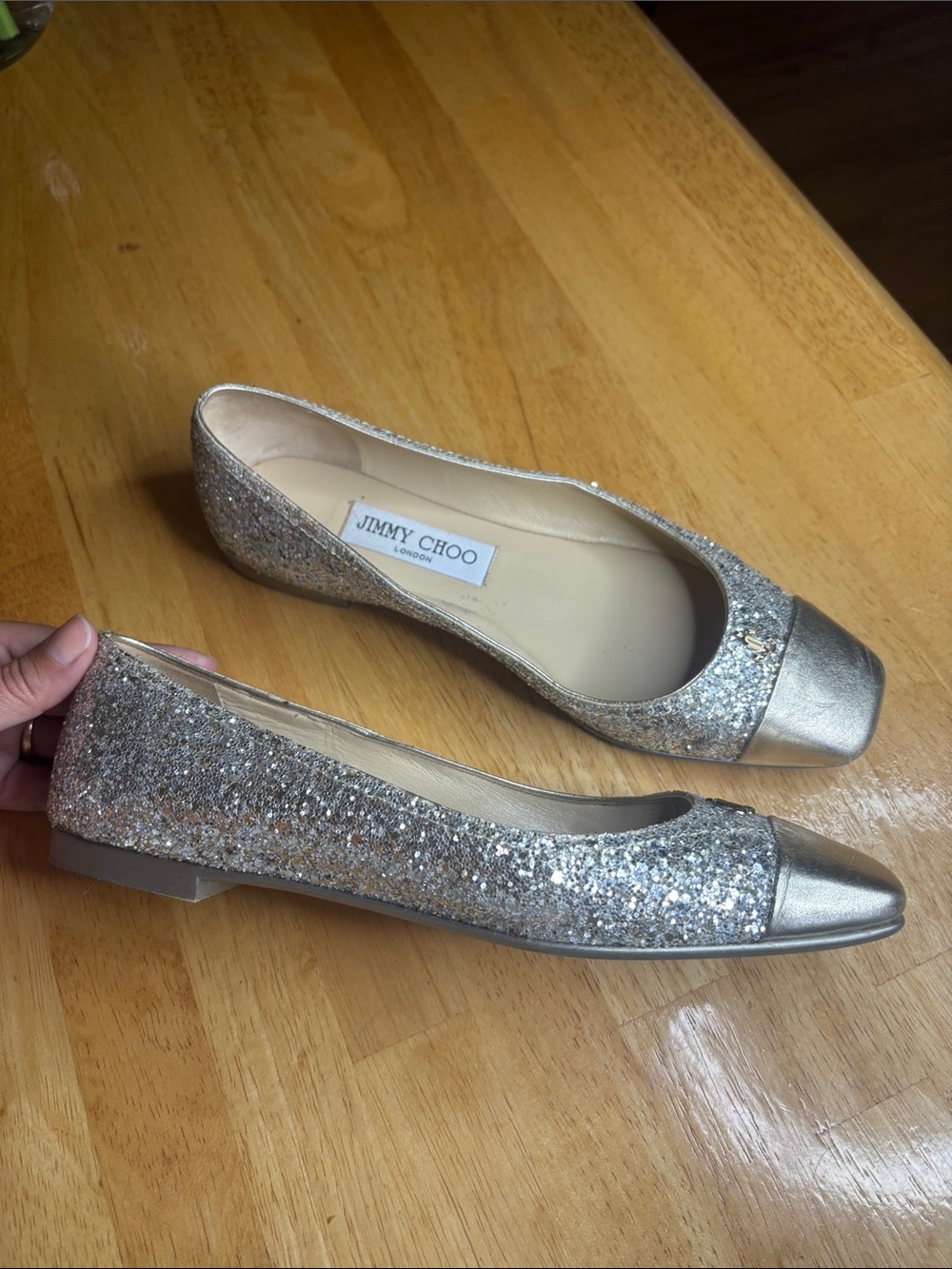 Rare Jimmy Choo Silver Glitter and Metallic Cap-Toe Flats